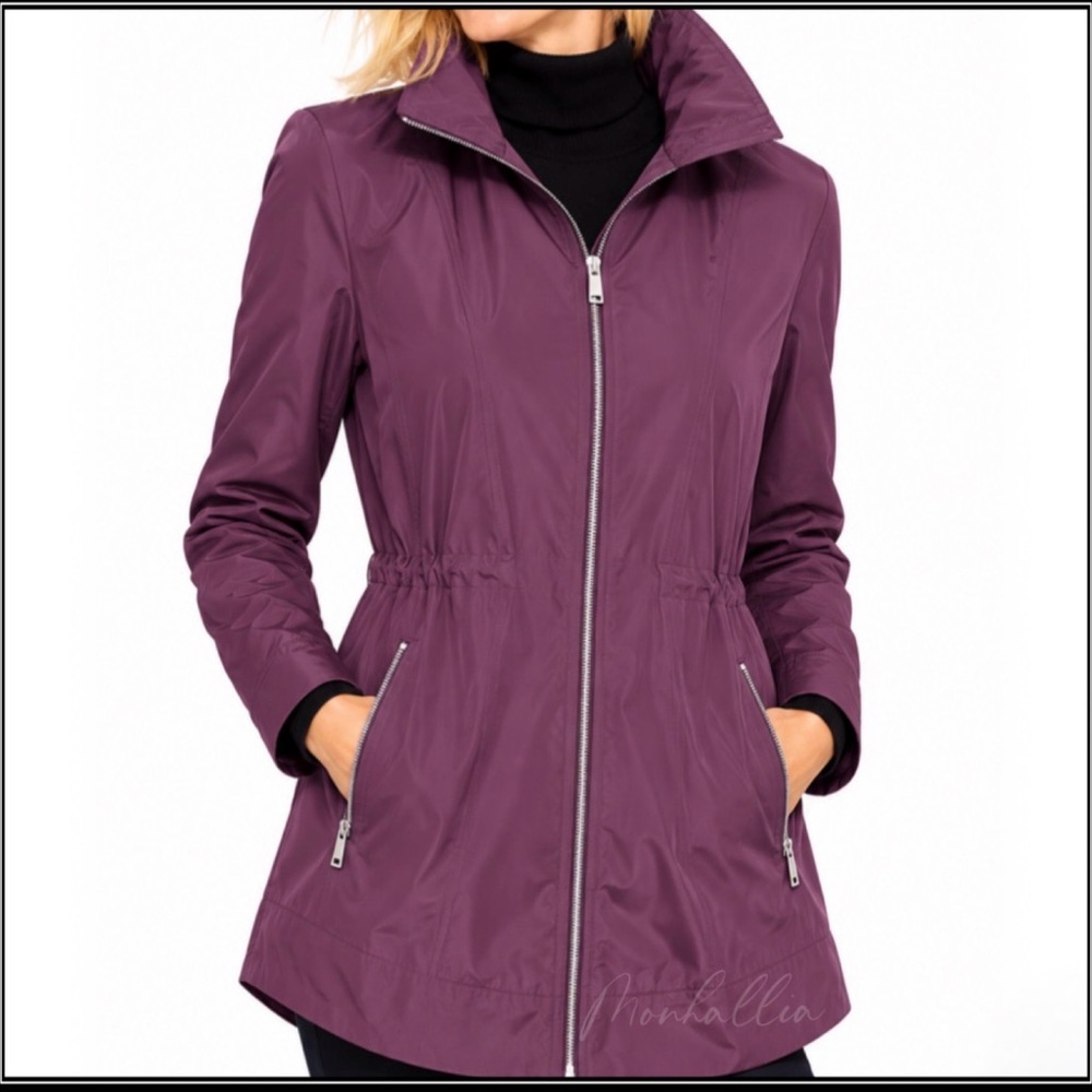 Calvin Klein Womens Mauve Pink Purple Zip Front Rain Jacket w/ Hide Away Hood XL